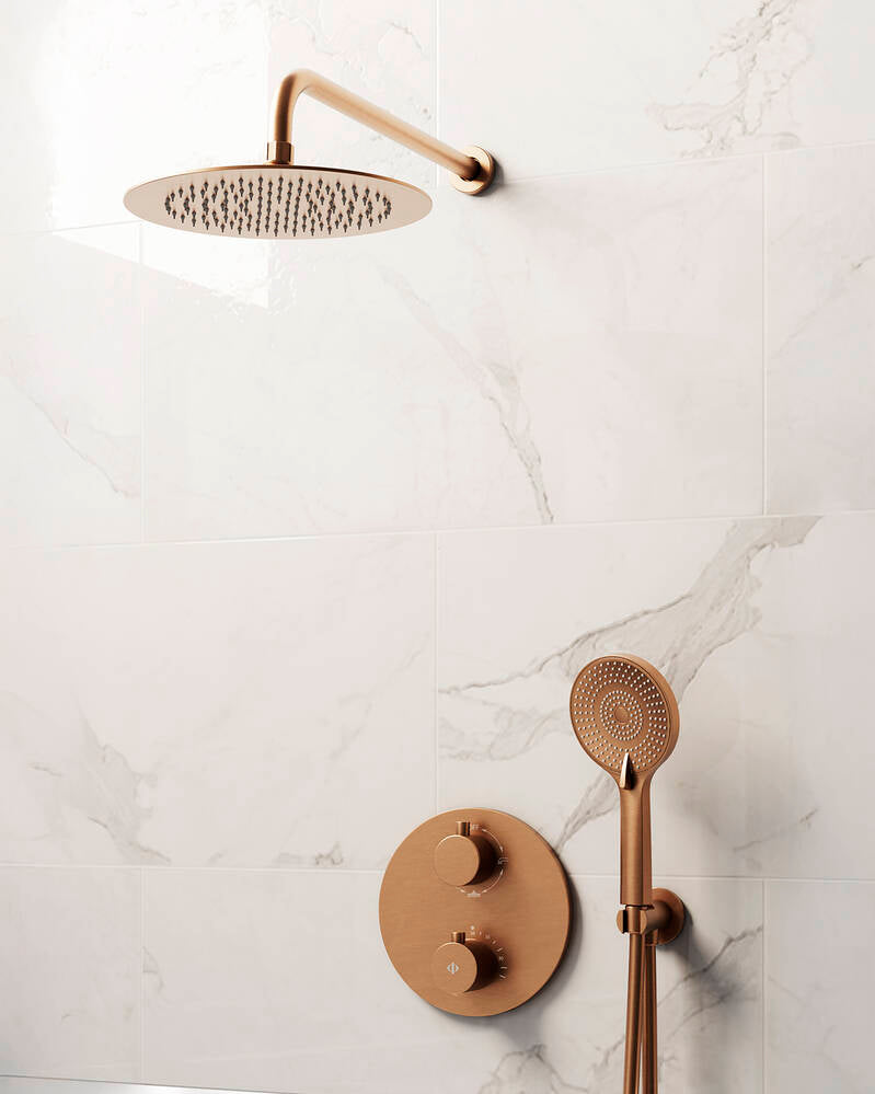 CONJ. EMPOTR. TERMOSTÁTICO ROUND COBRE + ROCIADOR PARED