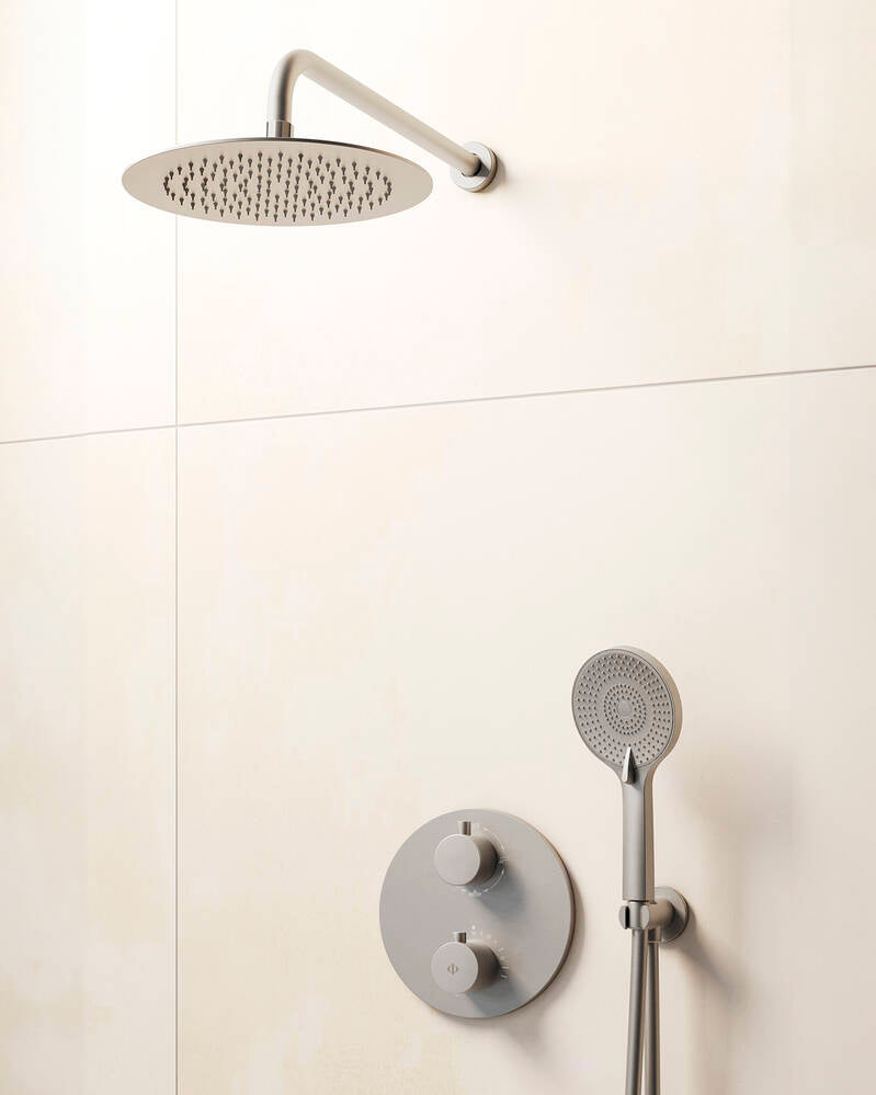 CONJ. EMPOTR. TERMOSTÁTICO ROUND NICKEL + ROCIADOR PARED