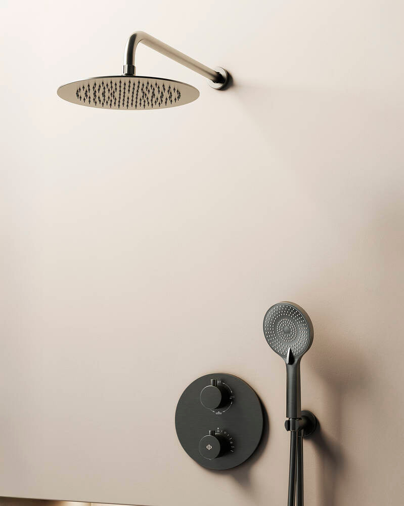 CONJ. EMPOTR. TERMOSTÁTICO ROUND TITANIO + ROCIADOR PARED