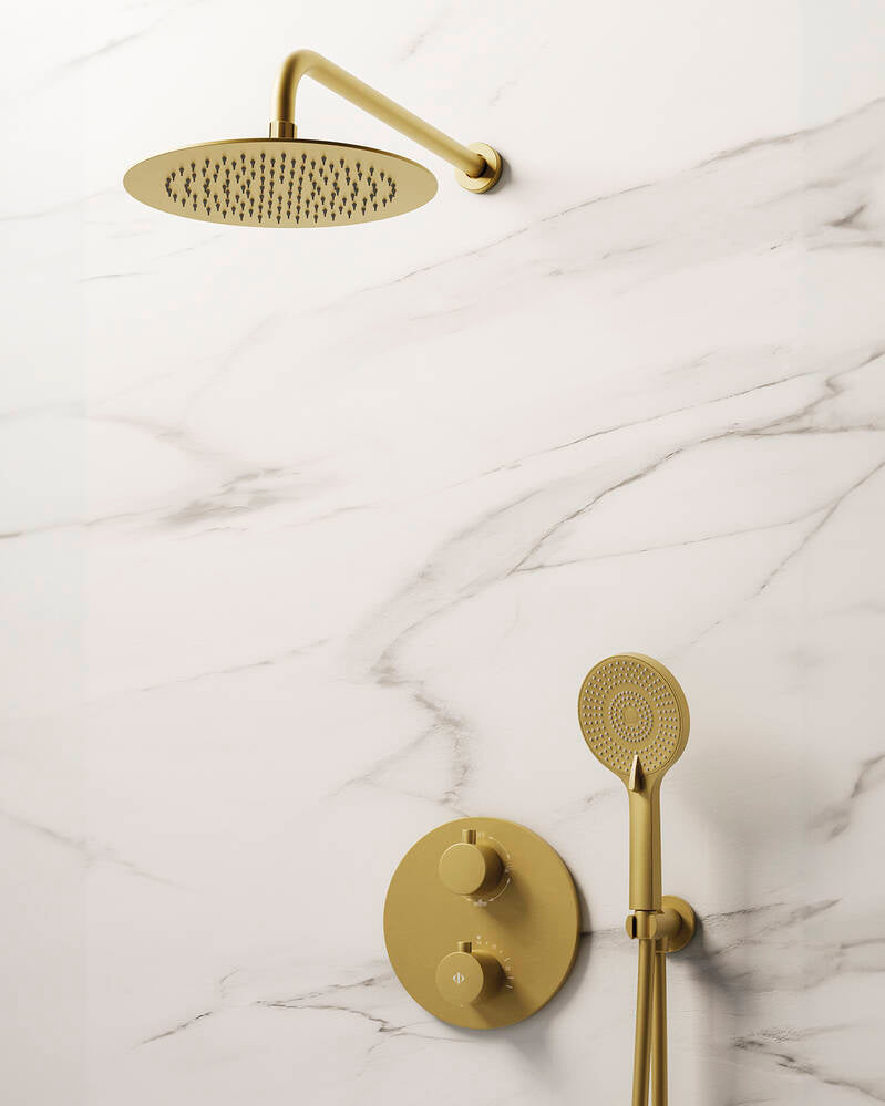 CONJ. EMPOTR. TERMOSTÁTICO ROUND ORO + ROCIADOR PARED