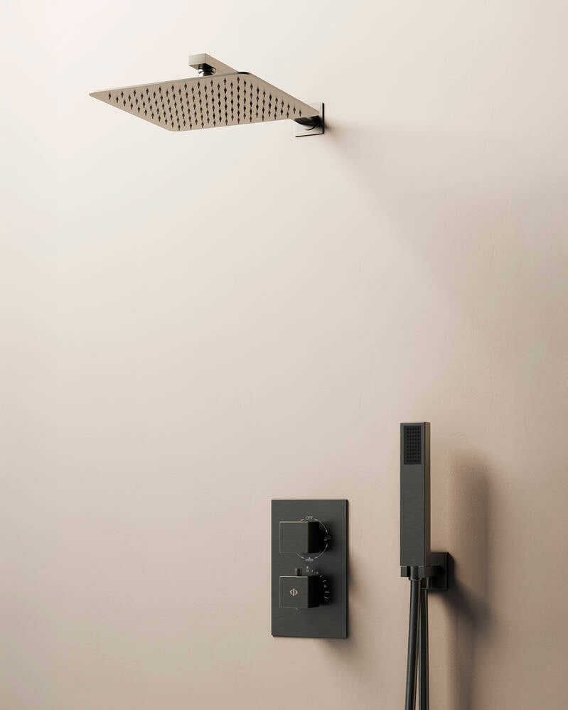 CONJ. EMPOTR. TERMOSTÁTICO ORION TITANIO + ROCIADOR PARED